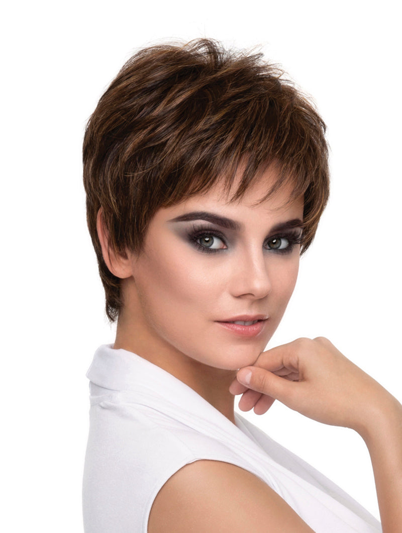headshot of model wearing brown pixie style wig