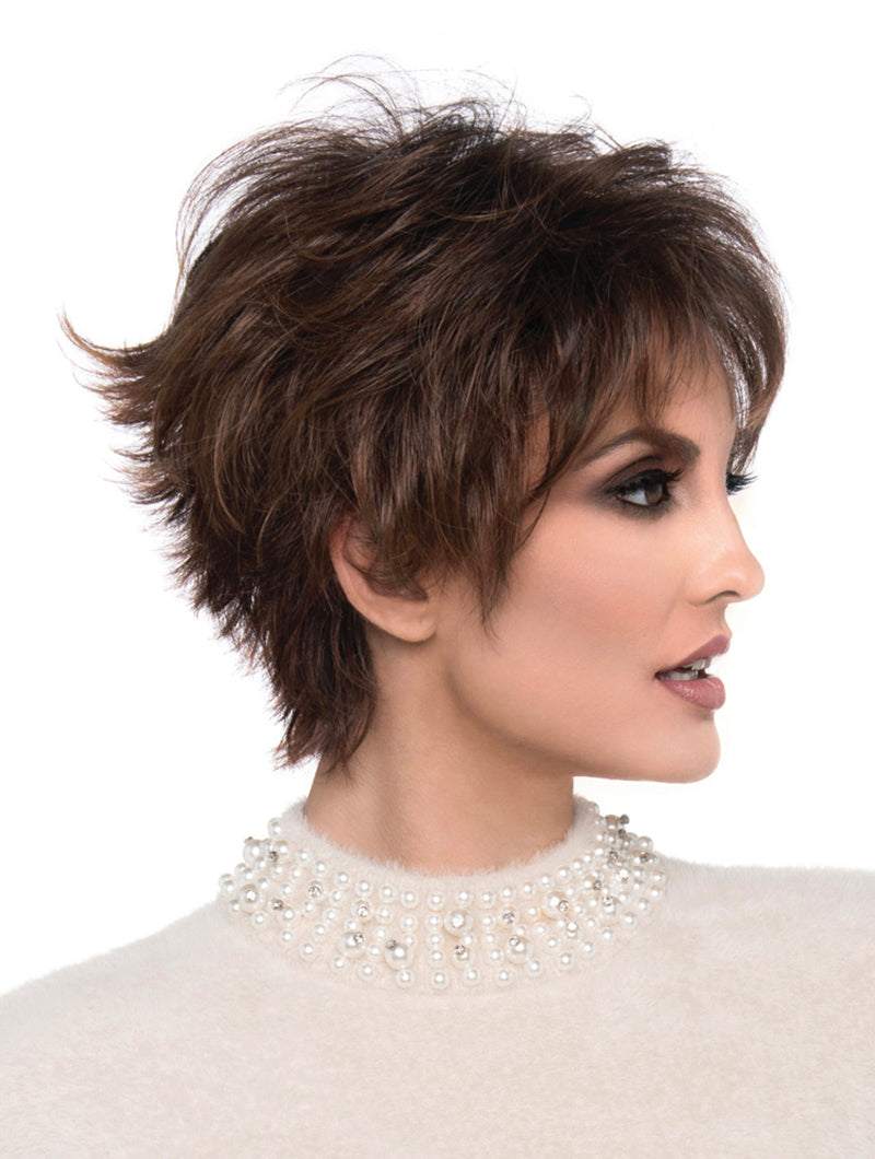side profile of model wearing brown pixie style wig