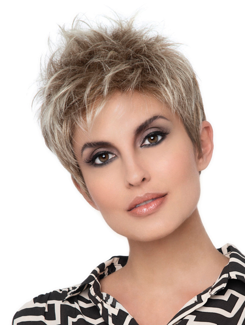 headshot of model wearing dirty blonde pixie style wig