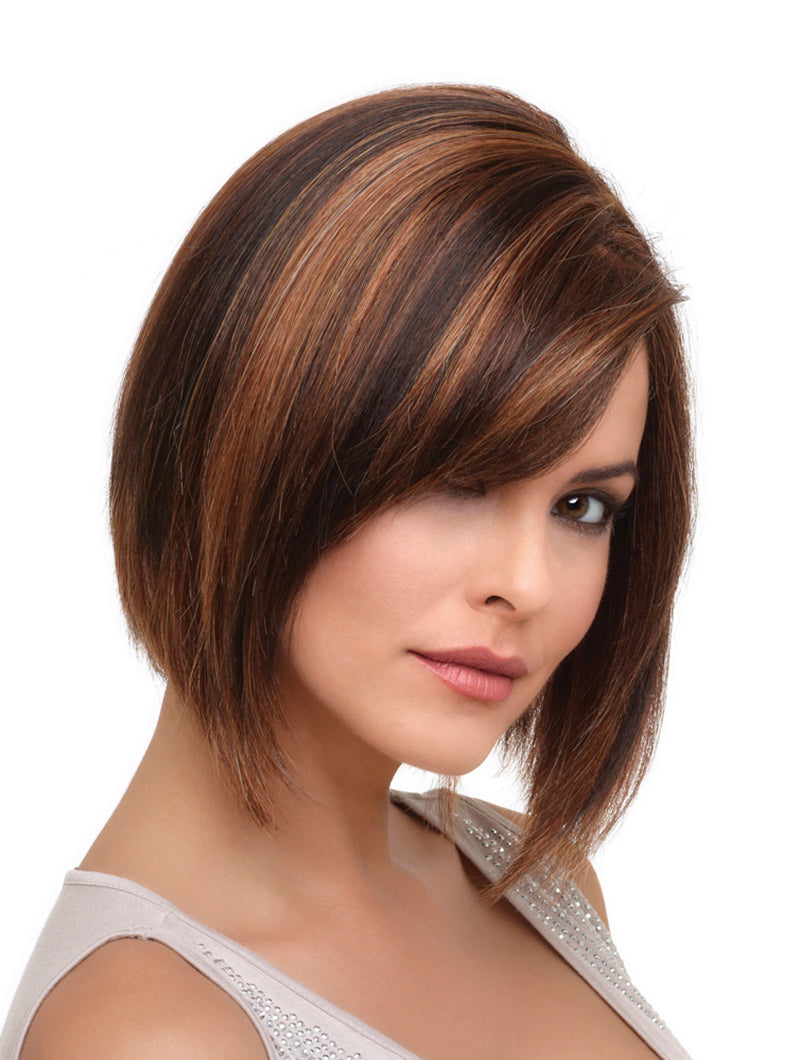 headshot of model wearing red bob style wig