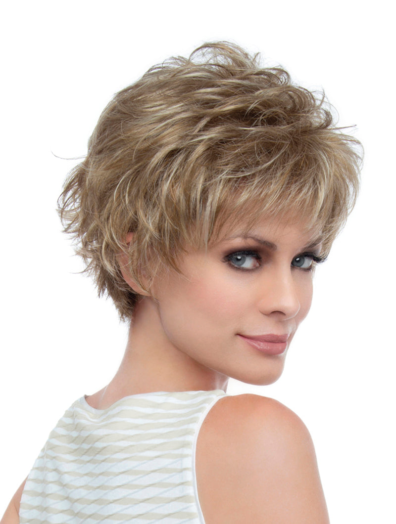 headshot of model wearing dirty blonde spiky wig