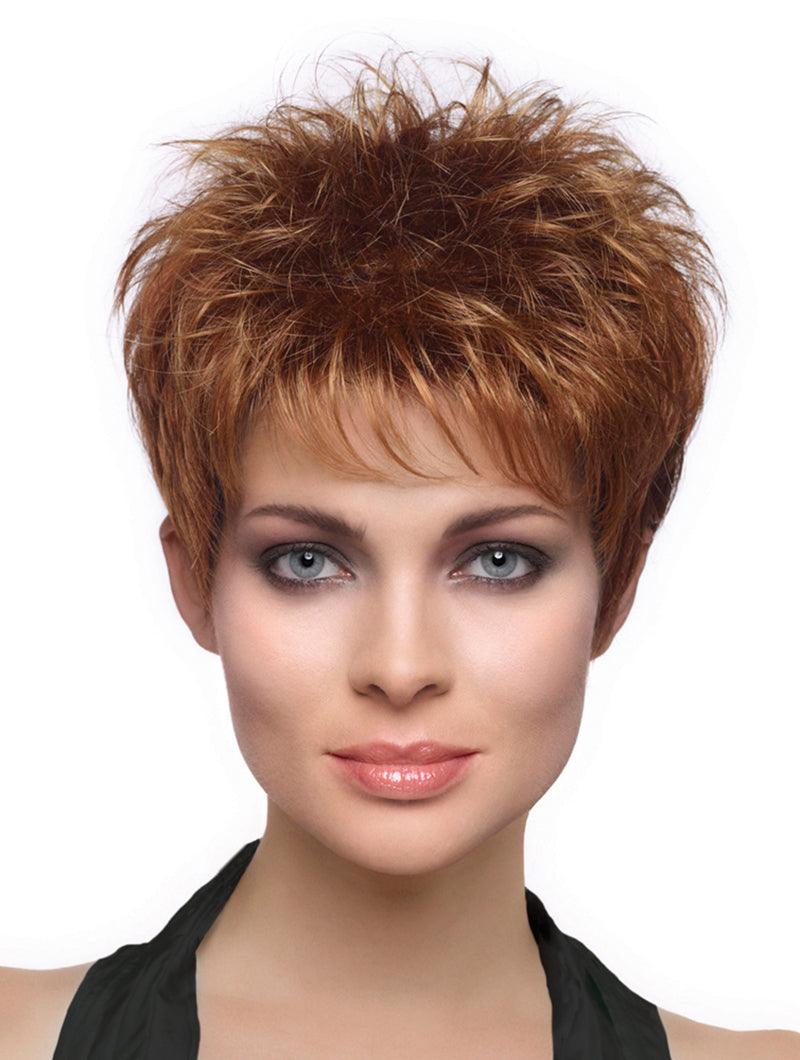 neck up image of woman modeling red pixie cut wig