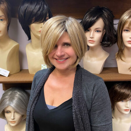 photo of customer wearing blonde bob style wig