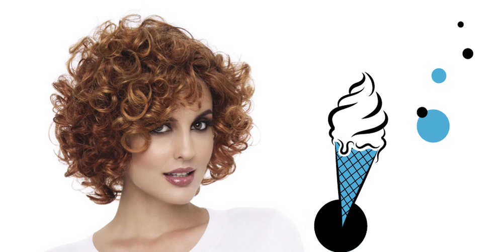 Model in Envy wig Kenya with graphic of ice cream cone and blue and black dotsin background