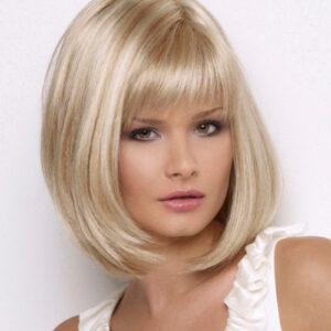 model wearing blonde chin length wig
