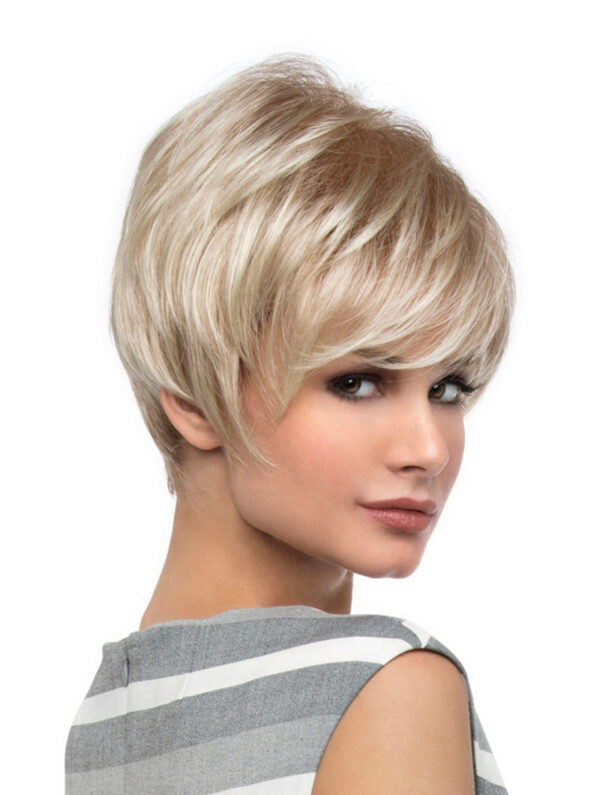 headshot of model wearing blonde pixie cut wig