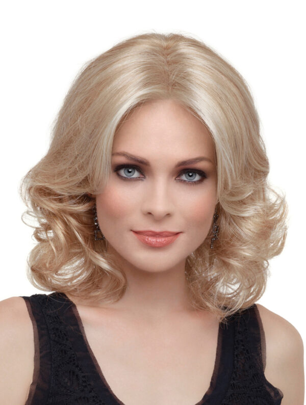 headshot of model wearing blonde shoulder length wig