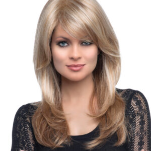 model wearing long blonde layered wig with bangs