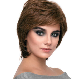 headshot of model wearing brown chin length wig