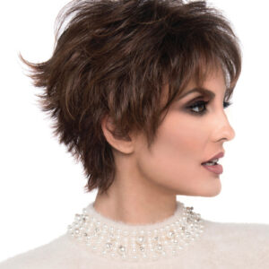 side profile of model wearing brown pixie style wig