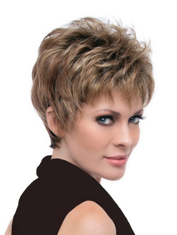 headshot of model wearing light brown pixie style wig