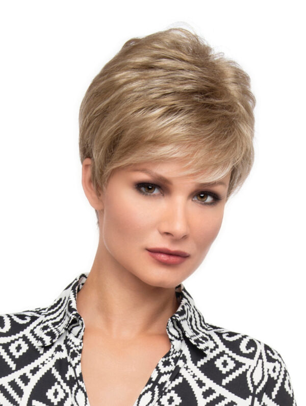 headshot of model wearing blonde pixie cut style wig