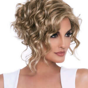 headshot of model wearing blonde curly wig