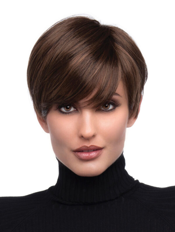 headshot of model wearing brown pixie style wig
