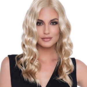 model wearing blonde wavy wig