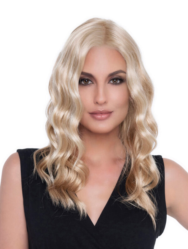 model wearing blonde wavy wig