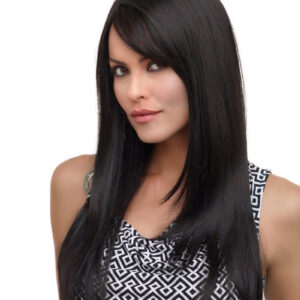 model wearing long black wig
