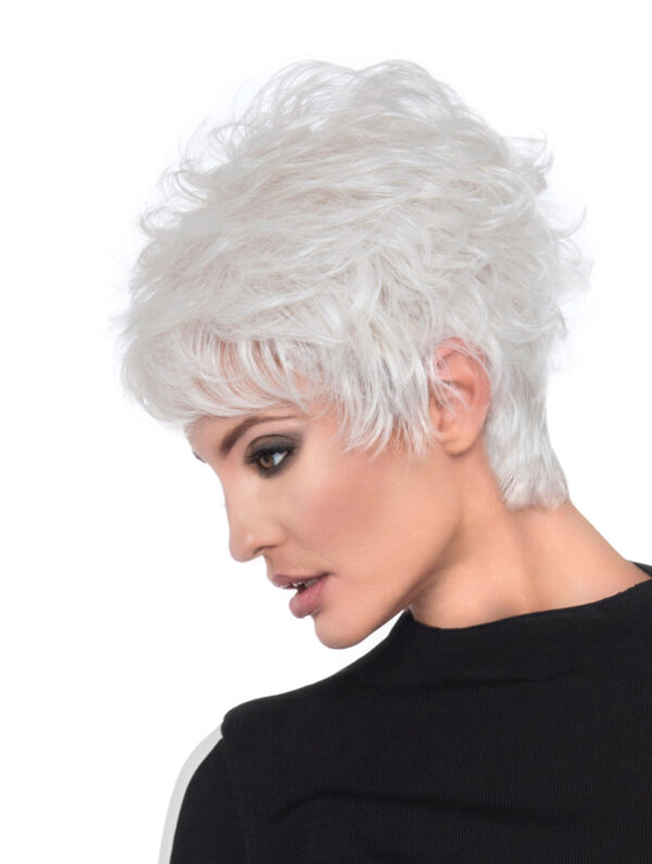 hide profile of model wearing white pixie style wig