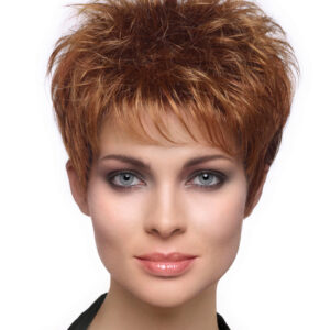 neck up image of woman modeling red pixie cut wig