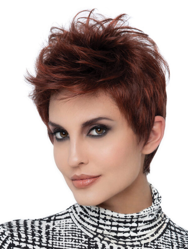 headshot of model wearing dark red spiky style wig