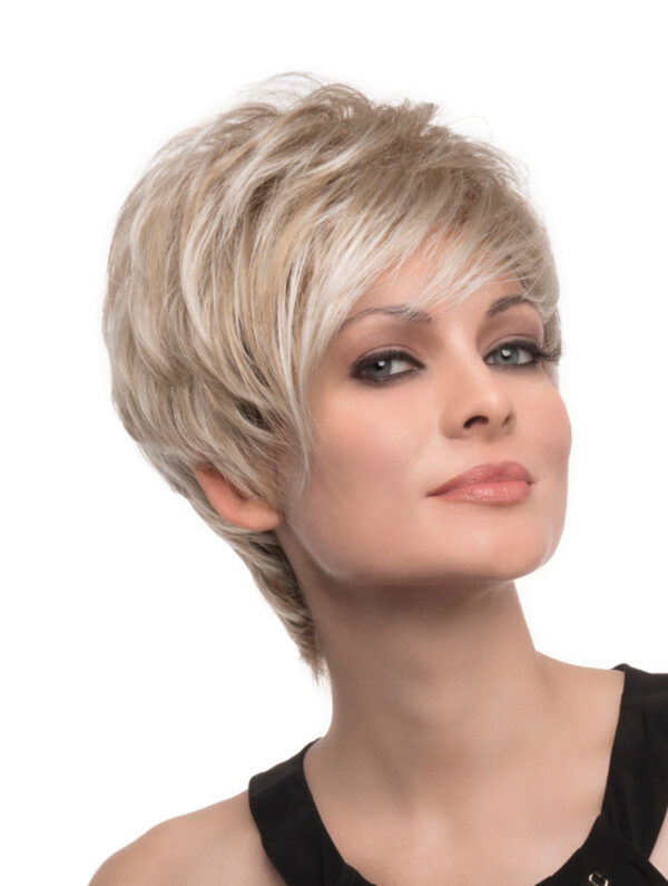 headshot of model wearing blonde pixie style wig
