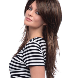 side shot of model wearing long brown wig with layers