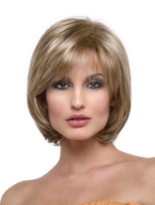 headshot of model wearing blonde chin length wig