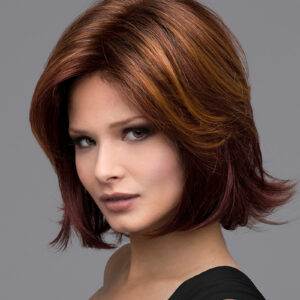 Model wearing brown and red chin length bob style wig
