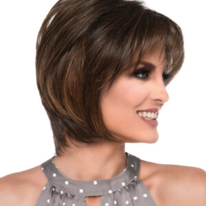 Side profile of model wearing brown chin length wig