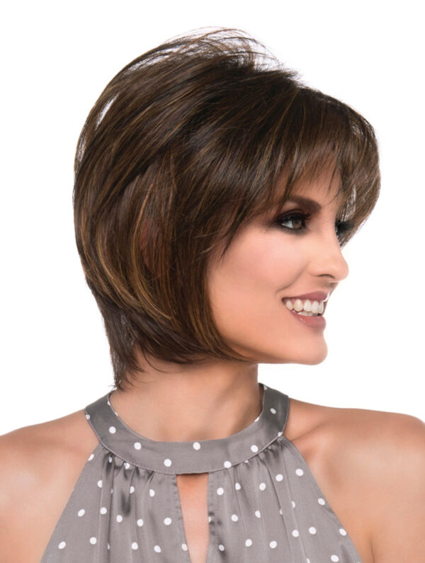 Side profile of model wearing brown chin length wig
