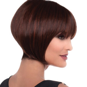 Side profile of model wearing dark red chin length wig