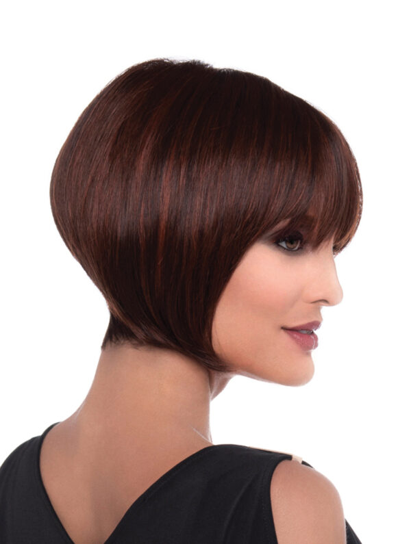 Side profile of model wearing dark red chin length wig