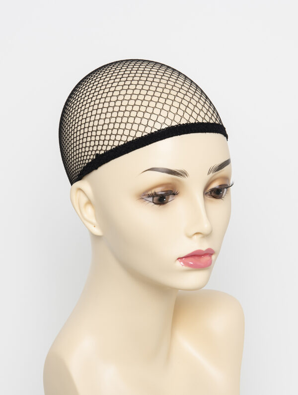 black fishnet wig cap on envy wig mannequin
